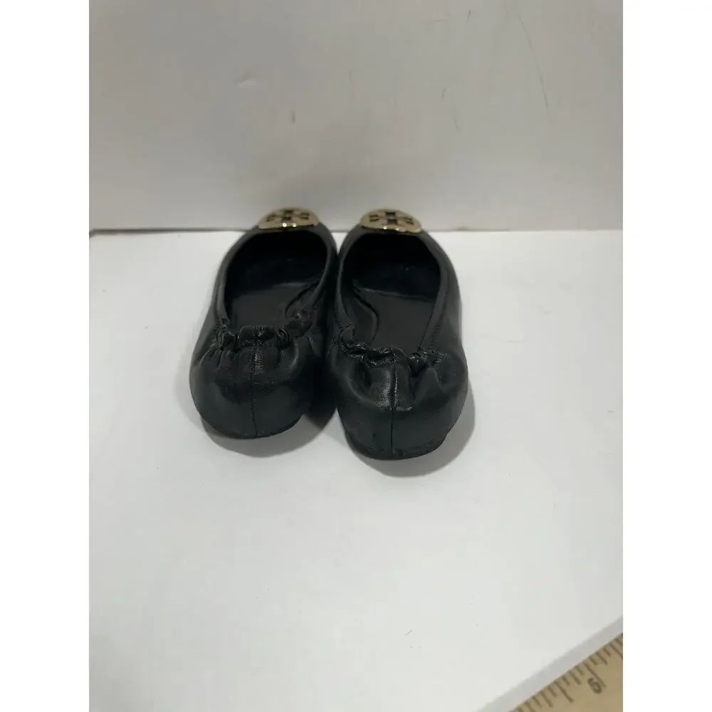 TORY BURCH Reva Ballet Flats Black Gold Medallion Logo‎ Sz 7.5 See Pictures